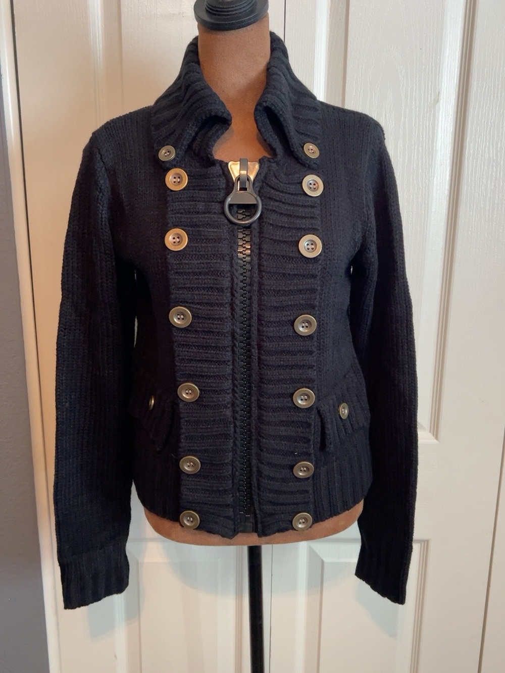 Black Knit Moto Jacket Cardigan Sweater S Chunky Knit Zip front Button Detail